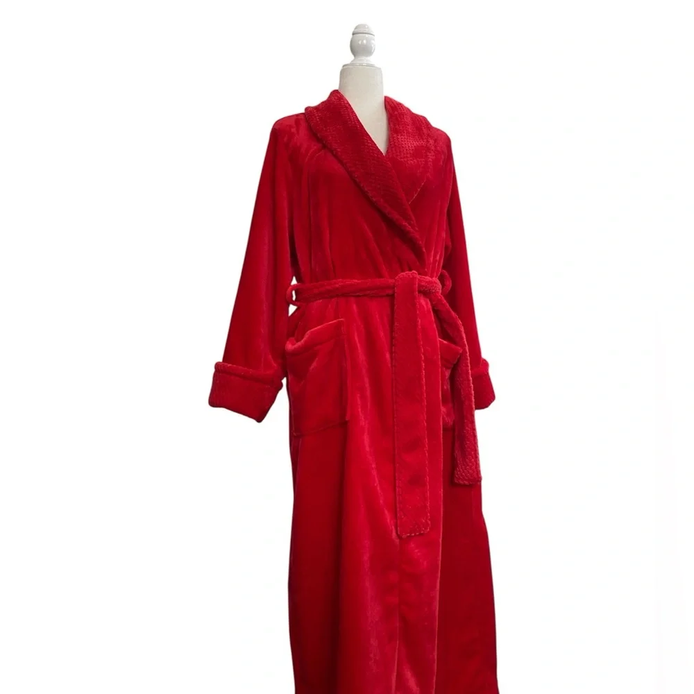 Red Luxurious Plush Faux Fur Belted Bathrobe Lounge Soft Sexy Spa Day Pamper